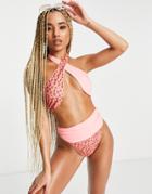 Asos Design High Leg High Waist Bikini Bottom In Pink Block Floral Print-multi