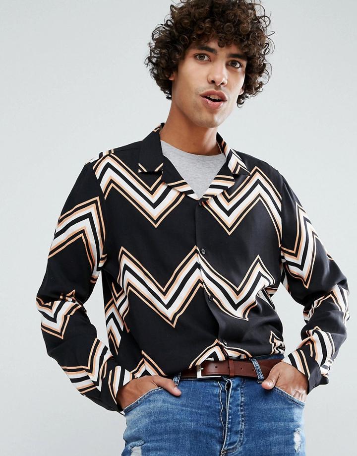 Asos Oversized Viscose Chevron Stripe Shirt With Revere Collar - Black