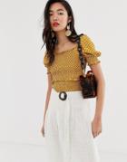 River Island Shirred Milkmaid Top In Polka Dot - Yellow