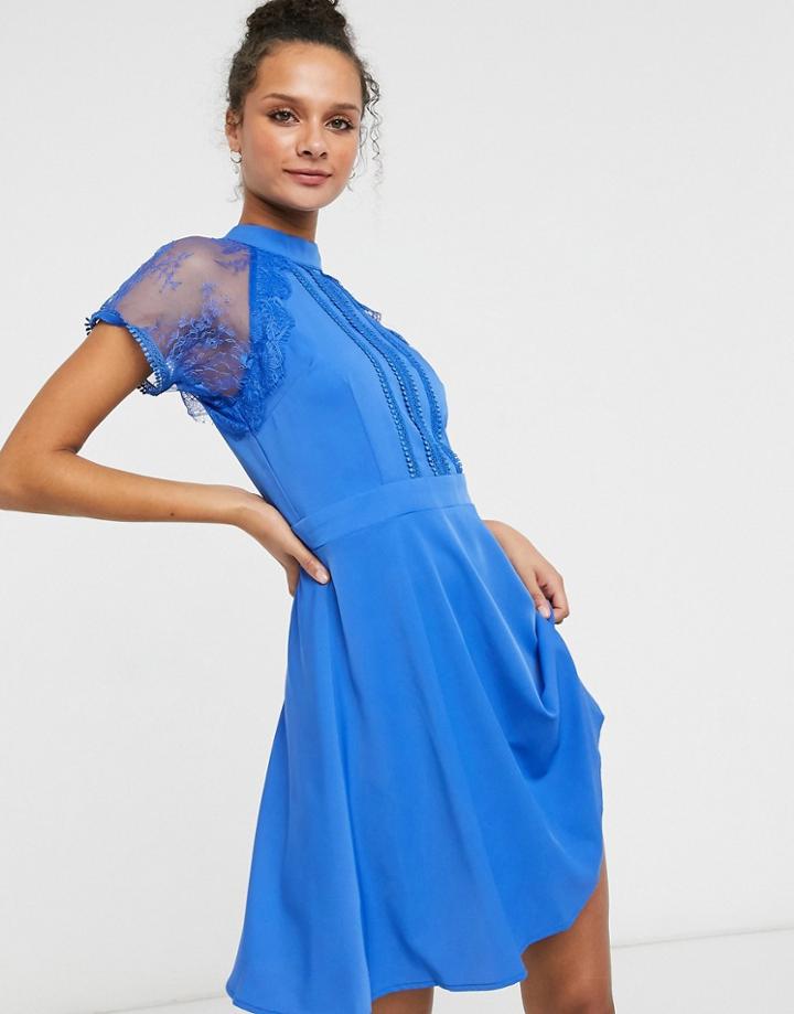 Liquorish A Line Lace Detail Mini Dress In Blue-blues