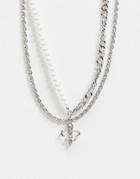 Asos Design Multirow Necklace With Pearl Curb Chain And Fleur De Lis Pendant In Silver Tone