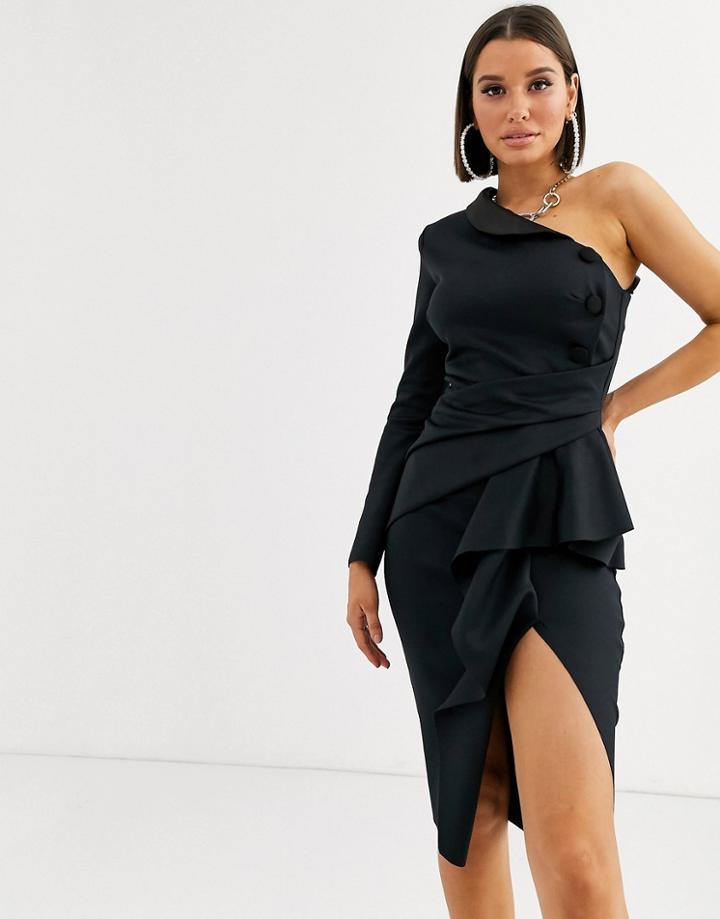 Asos Design One Shoulder Tux Midi Dress With Pep Detail - Black