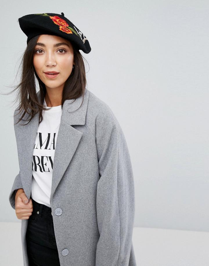 7x Floral Embroidered Beret Hat - Black