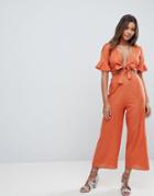 Asos Design Tea Jumpsuit With Cut Out And Tie Detail In Linen - Yellow