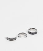 Asos Design 3 Pack Waterproof Stainless Steel Band Ring Set With Crosses And Emboss In Silver Tone