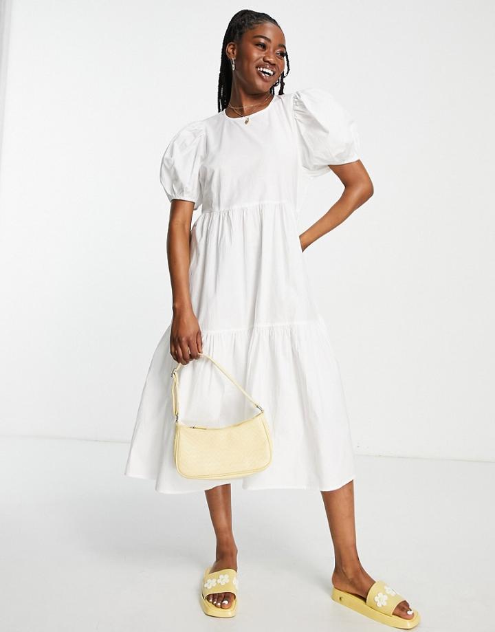 Jdy Puff Sleeve Tiered Midi Smock Dress In White