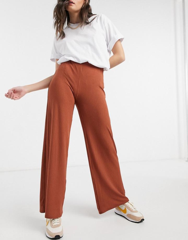 New Look Ribbed Wide Leg Pants In Rust-brown
