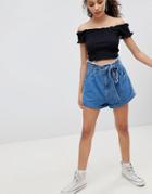 Bershka Tie Waist Denim Shorts In Blue - Blue