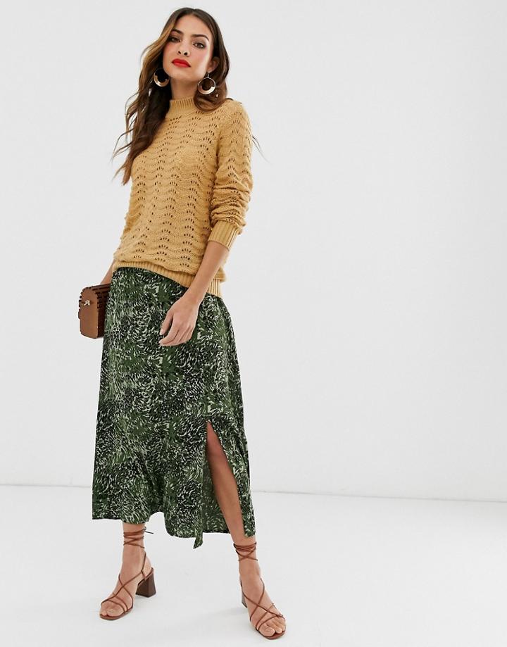 Y.a.s Animal Print Split Front Midi Skirt-green