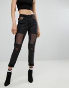 Liquor & Poker Mom Jean With Fishnet Knee Panel And Cut Out Pocket - Blue