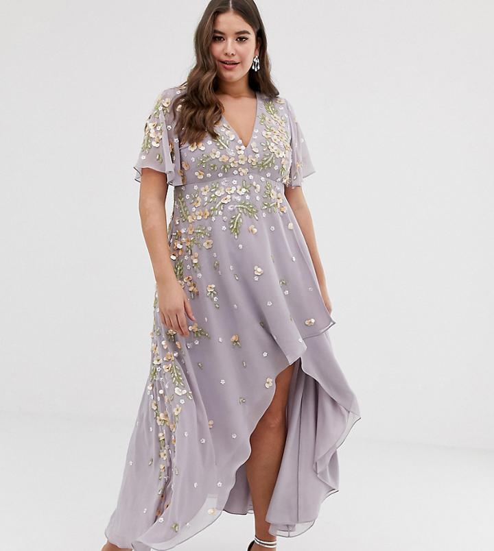 Asos Design Curve Dipped Hem Maxi Dress With 3d Embellishment And Ruffle Sleeve - Purple