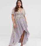 Asos Design Curve Dipped Hem Maxi Dress With 3d Embellishment And Ruffle Sleeve - Purple