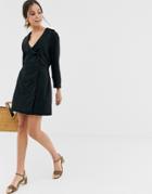 Asos Design Soft Denim Frill Collar Button Through Mini Blazer Dress In Black - Black