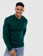 River Island V Neck Cable Knit Sweater In Green - Green