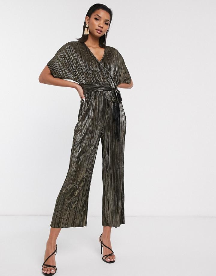 Asos Design Wrap Tie Jumpsuit In Metallic Plisse-gold