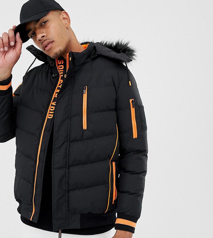 Soul Star Tall Piped Puffer With Faux Fur Hood - Black