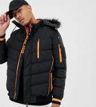 Soul Star Tall Piped Puffer With Faux Fur Hood - Black