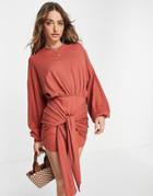 Asos Design High Neck Ribbed Sweater Dress With Tie Front In Rust-brown