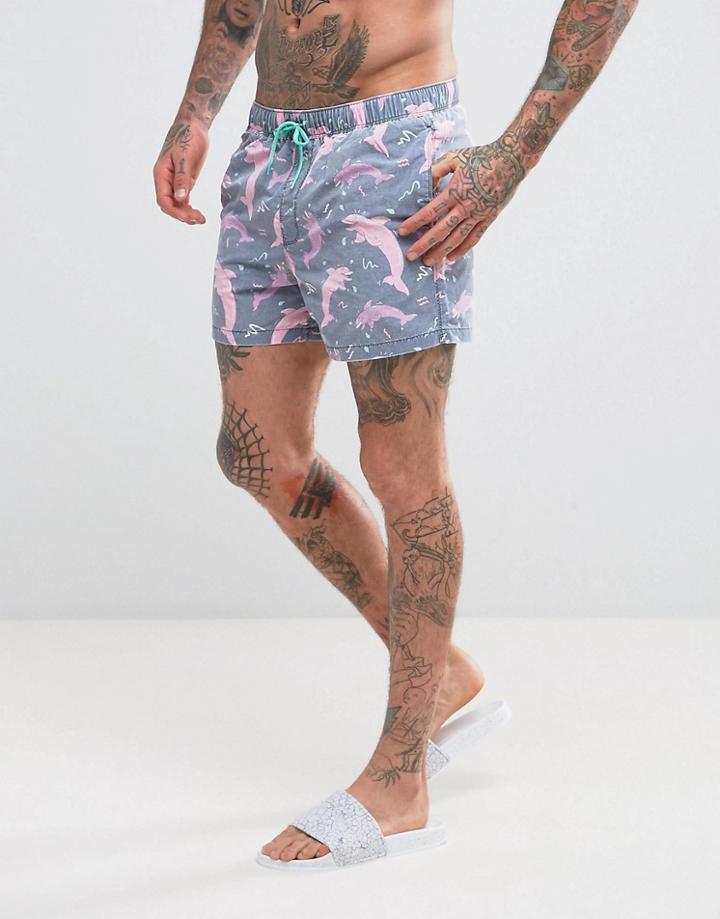 Asos Swim Shorts In Acid Wash With Dolphin Print In Short Length - Multi