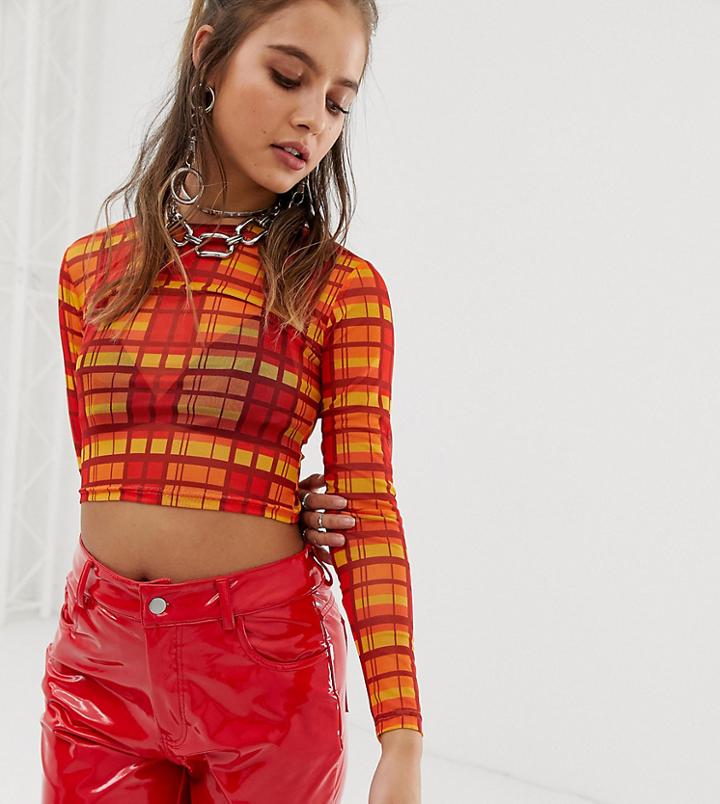 One Above Another Long Sleeve Mesh Top In Bright Check-multi