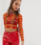 One Above Another Long Sleeve Mesh Top In Bright Check-multi