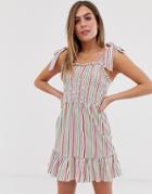 Asos Design Shirred Broderie Sundress With Tie Straps In Rainbow Stripe - Multi