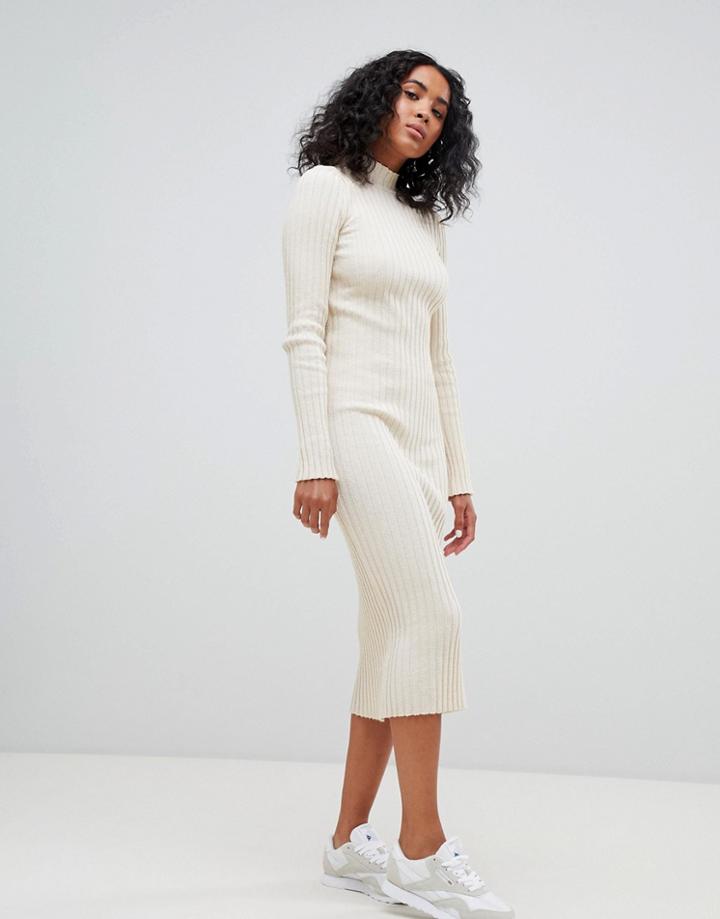 Asos Design Midi Dress In Ribbed Knit - Beige