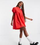 Collusion Waist Detail Smock Mini Dress In Red-orange