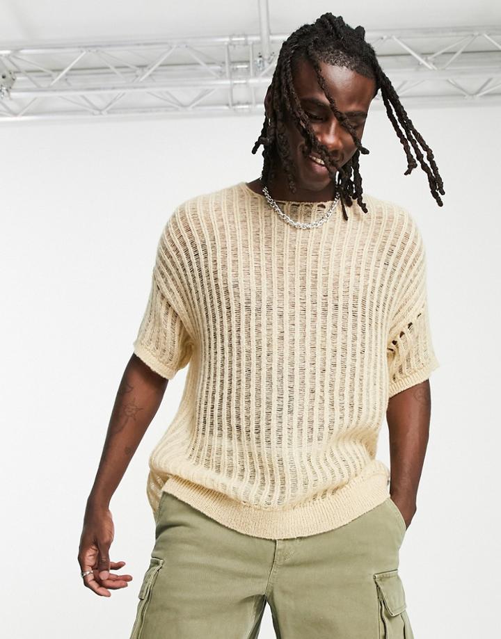 Asos Design Open Knit T-shirt In Stone-neutral