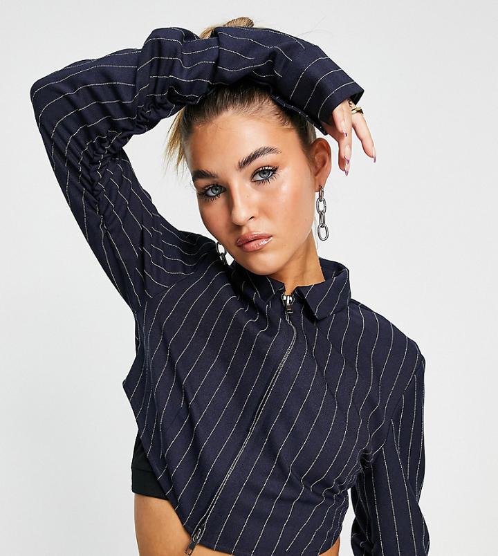 Collusion Cropped Shirt In Navy Pinstripe - Part Of A Set