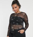 Daisy Street Plus Shrunken Long Sleeve Top In Star Print Mesh - Black