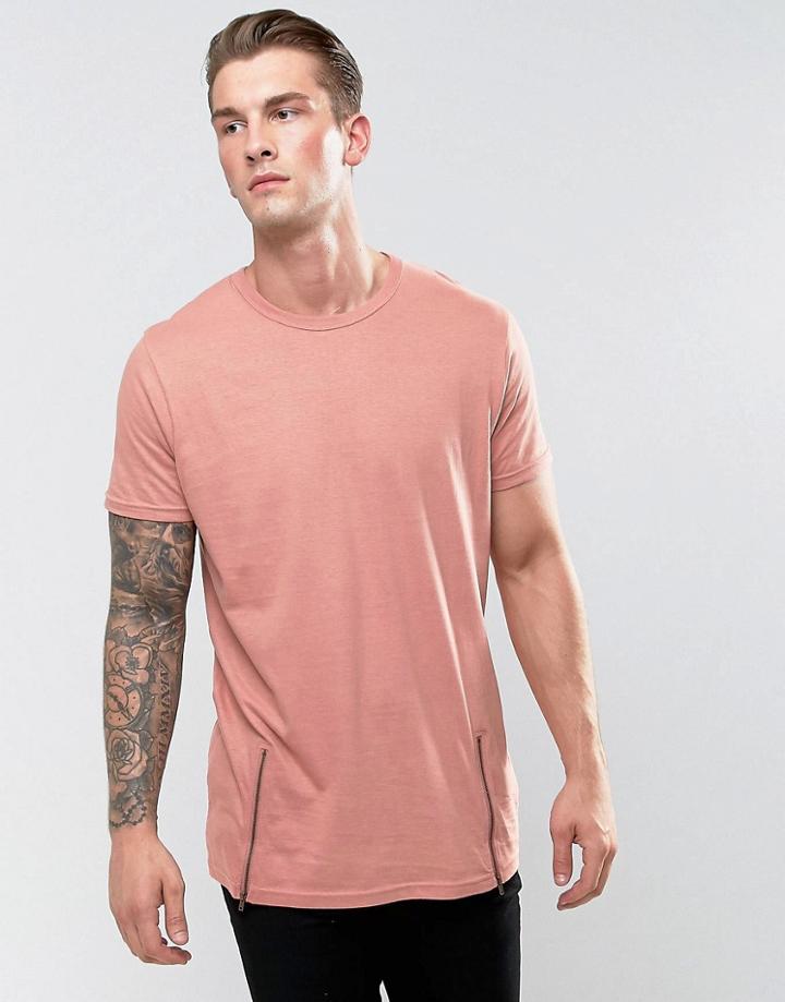 Brave Soul Longline T-shirt With Side Zips - Pink
