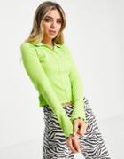 Topshop Compact Rib Seam Collar Long Sleeve Top In Lime-green