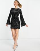 Ever New Velvet Fluted Sleeve Mini Dress In Star Print-black
