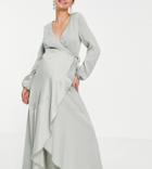 Little Mistress Maternity Wrap Tie Satin Midaxi Dress In Sage Green