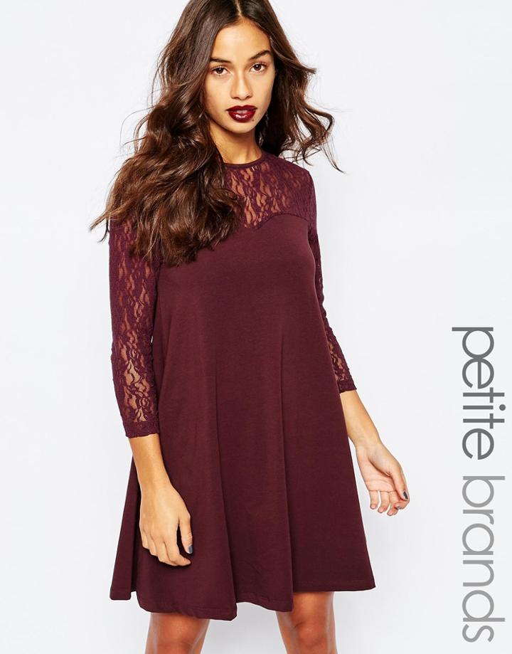 Vero Moda Petite Swing Dress With Contrast Lace 3/4 Sleeves - Fudge