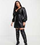 Asos Design Curve Leather Look Belted Wrap Mini Dress In Black