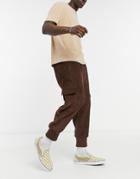 Asos Design Oversized Drop Crotch Pants With Cargo Pockets & Jersey Cuffs In Corduroy-brown