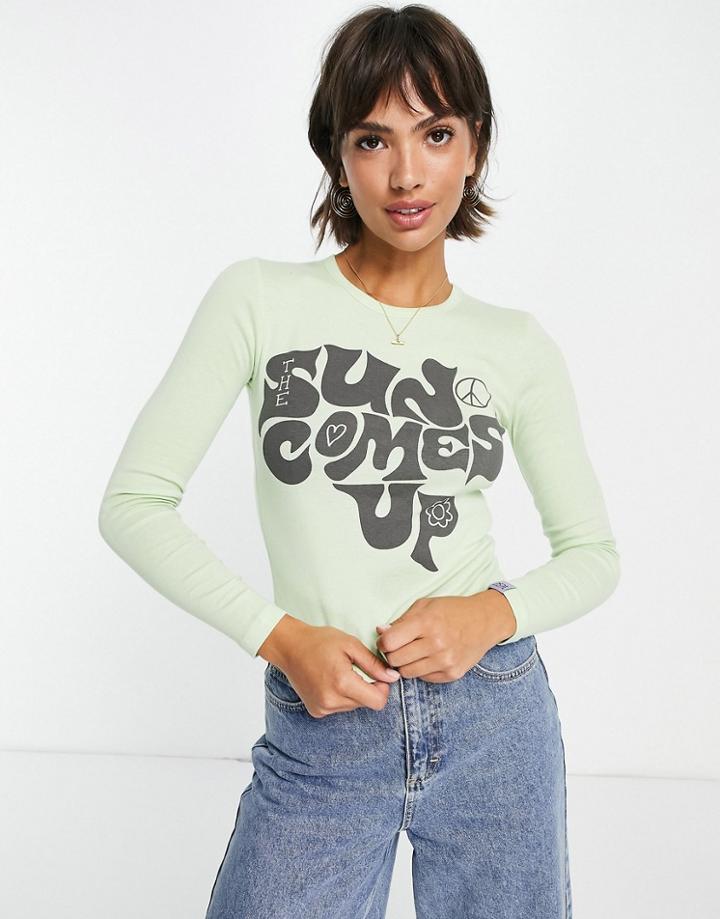 Damson Madder Organic Cotton 70's Font Long Sleeve Sun Tee In Sage-green