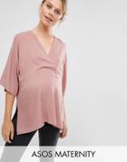 Asos Maternity V Neck Kimono Top In Soft Twill - Pink