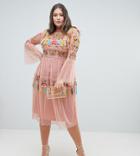 Frock And Frill Plus Folk Embroidered Tassel Skater Dress - Pink