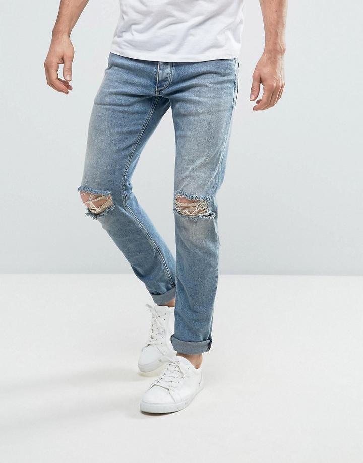 Jack & Jones Intelligence Slim Fit Jeans In Light Blue Wash With Knee Rips - Blue