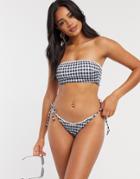 Asos Design Shirred Dipped Front Tie Side Bikini Bottom In Mono Gingham-multi