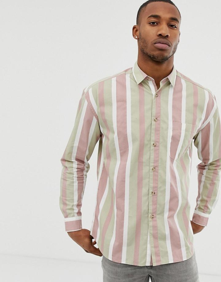 Asos Design Oversized Pink And Stone Stripe Shirt - Pink