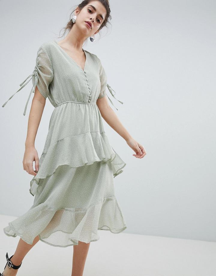 Neon Rose Midi Tea Dress With Ruffle Layer In Ditsy Spot - Gray
