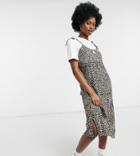 Native Youth Plus 2-in-1 Tie Shoulder Midi Dress In Leopard Plisse With T-shirt-brown