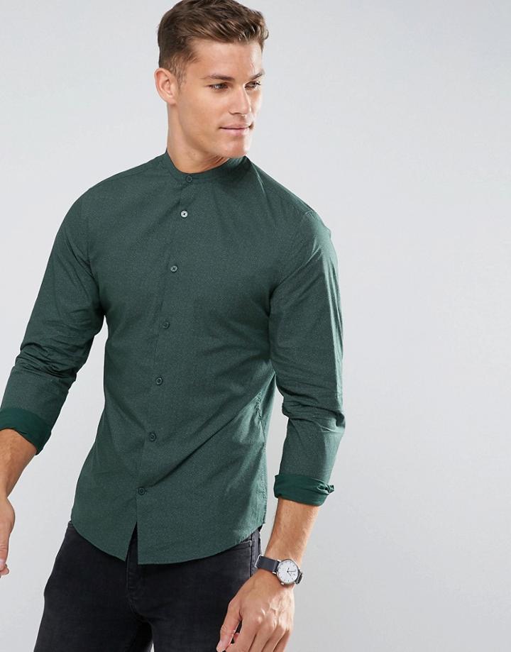 Selected Homme Slim Grandad Shirt In Print - Green