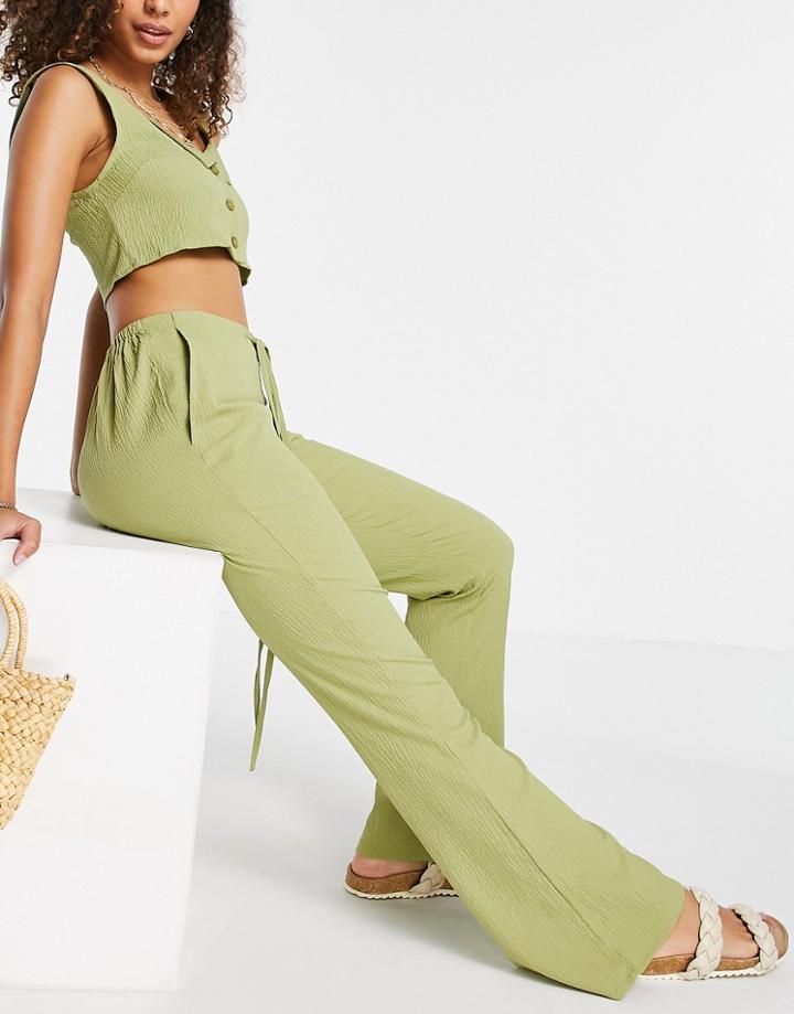 Asos Design Crinkle Flare Pants With Tie Waist Set In Green