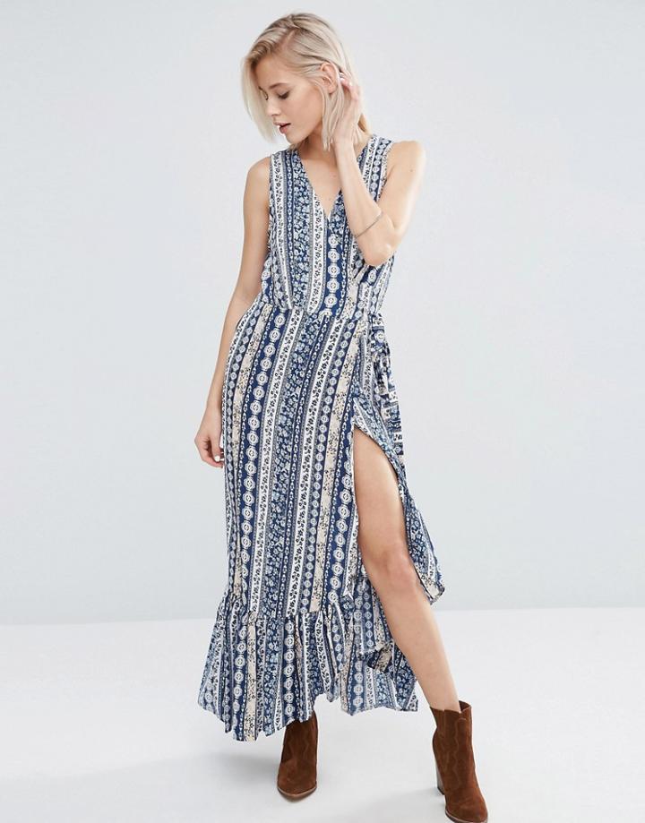 Qed London Maxi Dress With Frill Hem - Blue