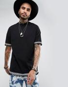 Asos Festival Oversized T-shirt With Geo-tribal Pom Pom Trim - Black